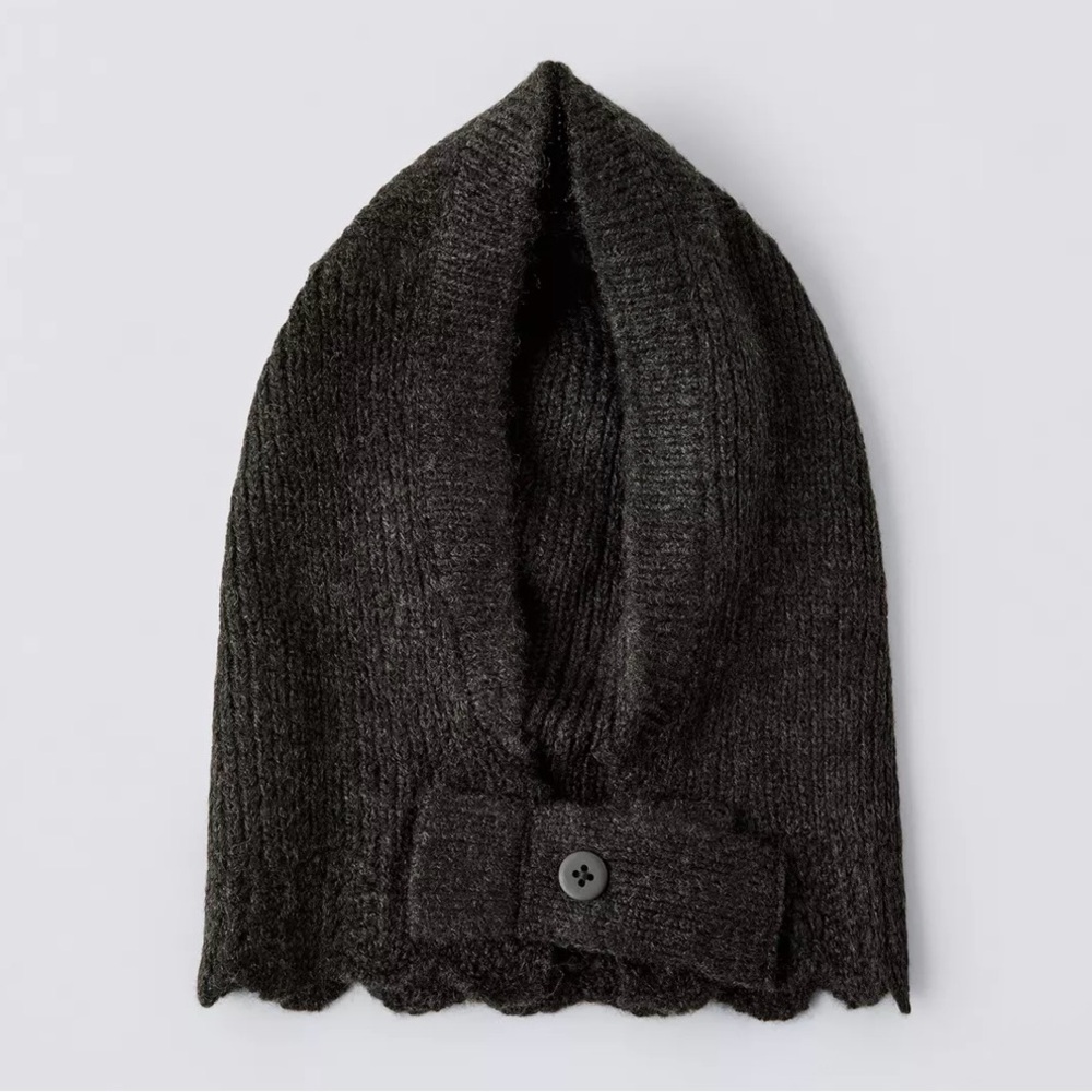 Zara Girls Button-Up Knitted Hood with Wavy Hem, Anthracite Grey - Size 1-3Y